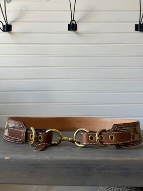Coach Brown Signature Canvas & Leather Belt with Gold Rings